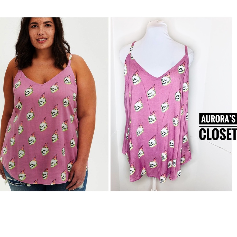 Torrid 1X Purple Skull Ava Top Rayon Cami Pink Flame Spaghetti Adjustable NWT